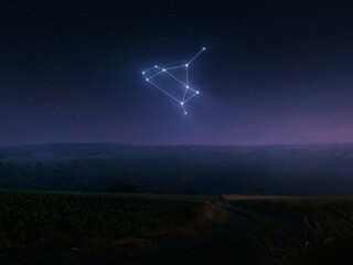 Sagittarius constellation in the dawn sky. Astrological landscape with zodiac sign. Bright stars over the hills. © Nazarii
