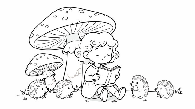 Child reading with hedgehogs sitting nearby.