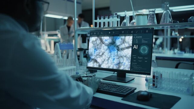Scientist Types at Lab Workstation as AI Analyzes Tissue on Monitor Amid Vials and Glassware, Accelerating Pathology Insight, Drug Discovery and Precision Care. Static Over-the-shoulder Shot.