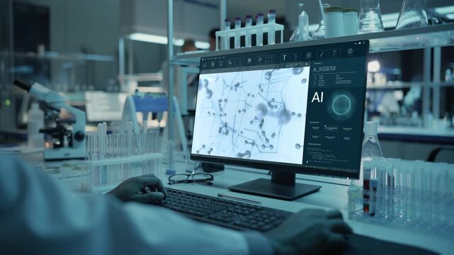 Lab-coated Researcher Uses Computer Displaying AI Cell-network Analysis Beside Microscope and Test Tubes in Biomedical Lab, Converting Sample Data Into Therapy Targets. Static Over-the-shoulder Shot.