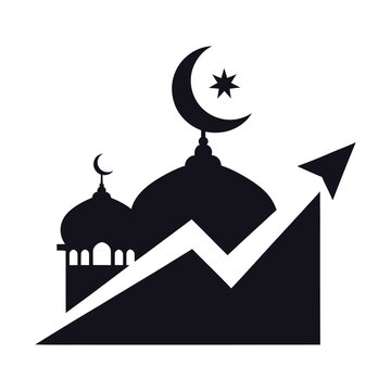 Islamic finance growth icon with mosque silhouette and rising arrow, halal investment and sharia compliant banking concept, black and white vector illustration for business reports