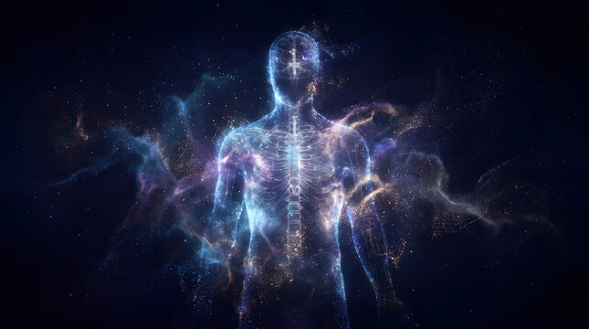 Illuminated abstract human form, representing a futuristic biological data visualization powered by advanced artificial intelligence for comprehensive health analysis and scientific discovery