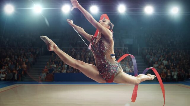 Gymnastics Championship: Female Rhythmic Gymnast in a Sequined Leotard Performs a Ribbon Leap on an Indoor Arena Floor Before a Packed Crowd Slow Motion Medium Close-up at Stadium.