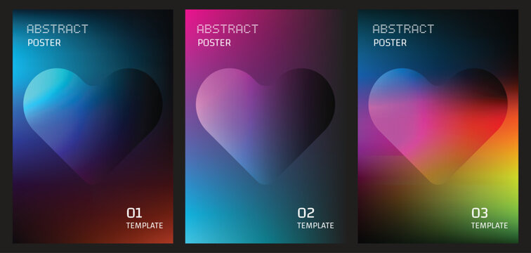 Set of three abstract posters with heart shapes and dark gradient backgrounds