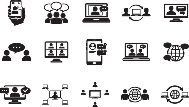 Line art icon set for conversation, video conference, online meeting, telework and remote work.