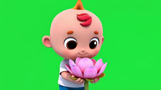 Baby Holding Pink Lotus Flower Cartoon
