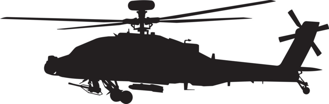 Attack helicopter silhouette flying side view isolated on transparent background, Vector