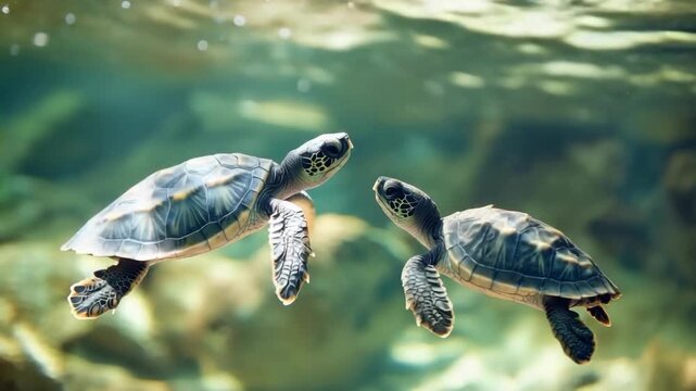 Two sea turtles swimming gracefully in crystal clear ocean water. Mother's Day, Mothering Sunday, Dia de la Madre - Global Maternal Celebration, Worldwide Family Holiday