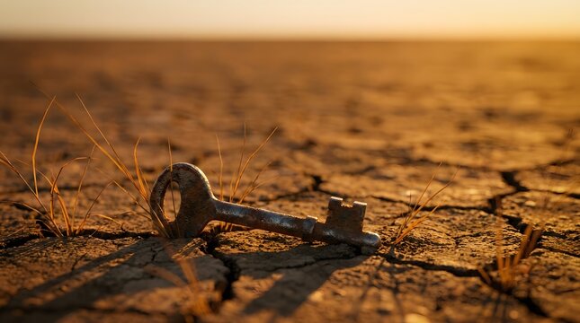 Weathered metal key lying on dry cracked desert ground under golden light.
