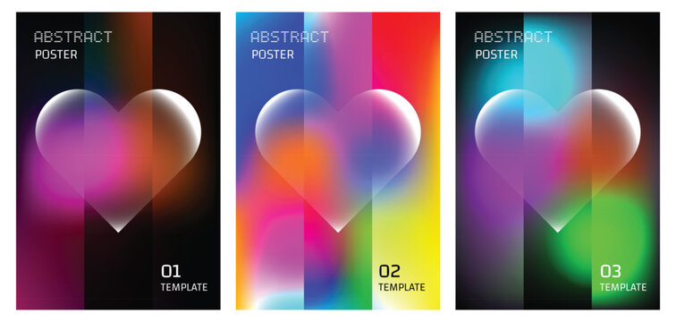 Set of three abstract posters with glowing heart icons and vertical color block gradient backgrounds for modern graphic design