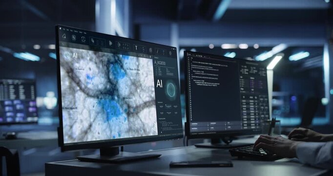 Scientist Uses Computer withy Dual screen Workstation in Medical Laboratory, Using AI to Help Diasnose Disease, Optimise Treatment, Drug Design and Precision Therapy. Static Medium Close-up.