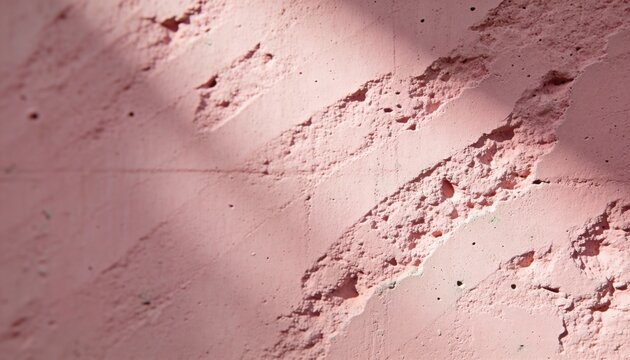 Showing pastel pink textured wall exhibiting crumbled plaster and pits on exterior, with seam lines