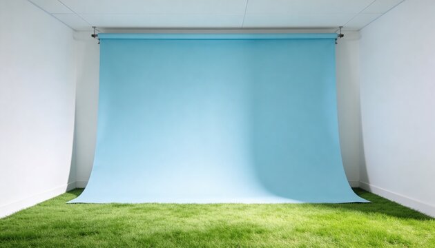 Showing light blue seamless backdrop curving onto green turf in small studio, with roller mounts