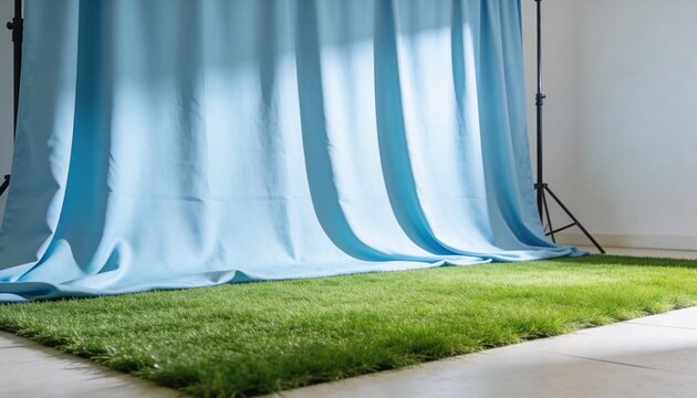 Displaying artificial turf rectangle resting on tiled floor in studio, showing blue backdrop stands