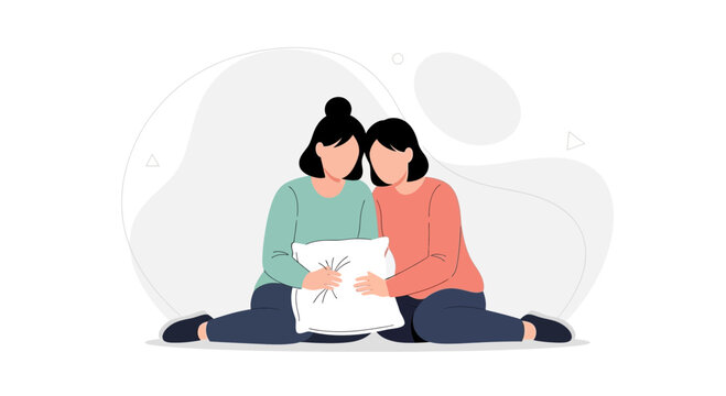 Two women sitting on floor holding pillow, friendship and comfort illustration