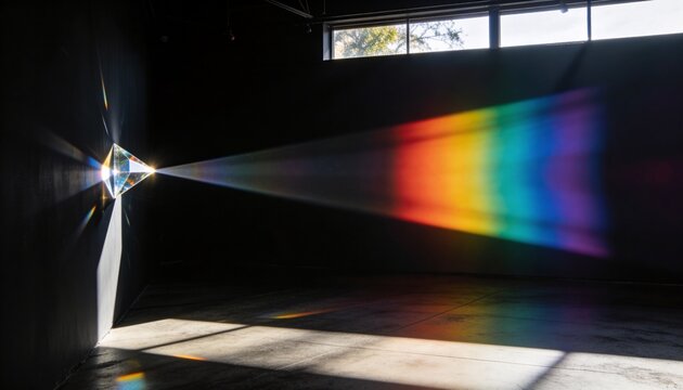 Projecting faceted glass prism refracting white beam across dark gallery with rainbow spectrum