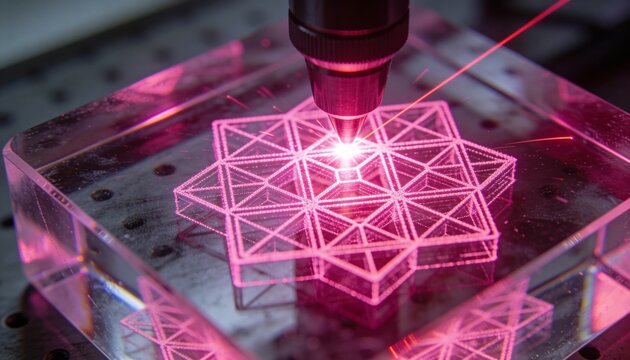 Engraving laser nozzle emitting pink beam onto acrylic block at optical breadboard, hex lattice