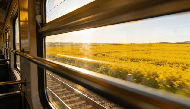 Framing train window showing passing yellow crop fields and blurred tracks, with handrails, streaks
