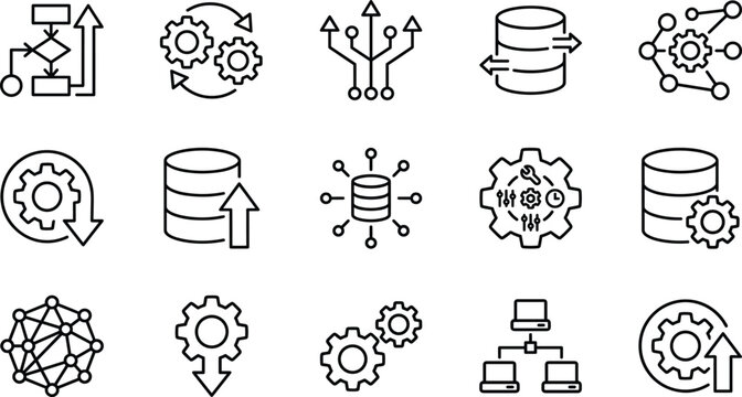 Vector Set of Data Processing and Automation Technology Outline Icons Featuring Database Storage Gears Networking Flowcharts and Computing Systems Isolated on Plain White Background.