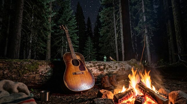 Worn acoustic guitar casually leaning against a large log next to a crackling campfire deep in a dark pine forest with cinematic lighting.