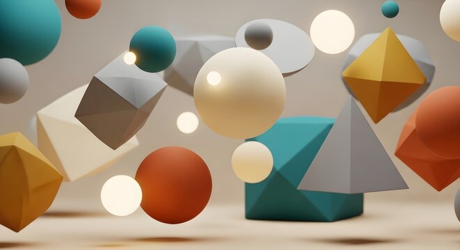 Abstract 3D geometric shapes in motion, floating spheres and polyhedral forms in earth tones, modern minimalist composition for creative design