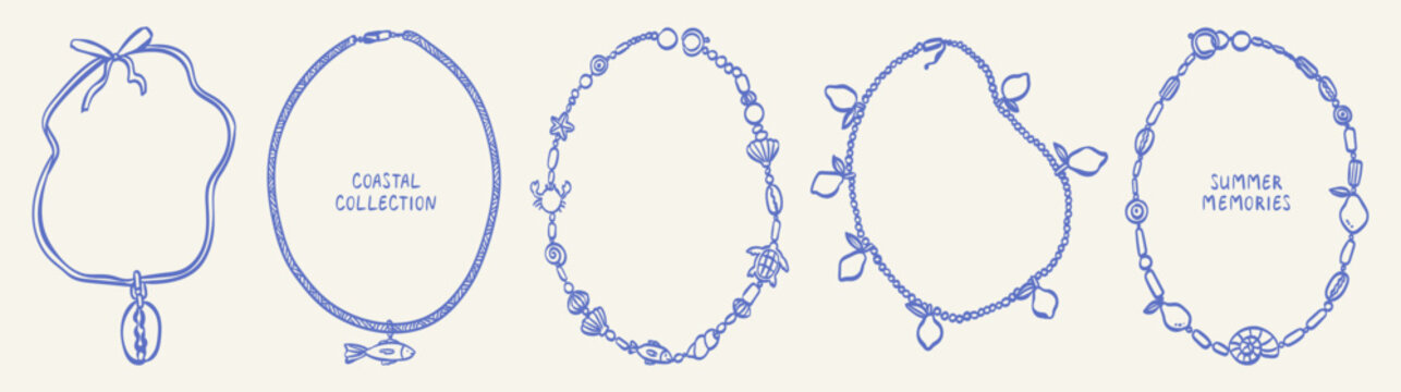 Coastal summer bracelet or necklace aesthetic frames. Sea or beach greeting card decoration set with seashells, fish, crab and lemons simple line drawings design. Summertime sea theme wall art backgro