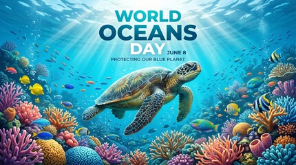 Sea turtle swimming through a vibrant coral reef for oceans day