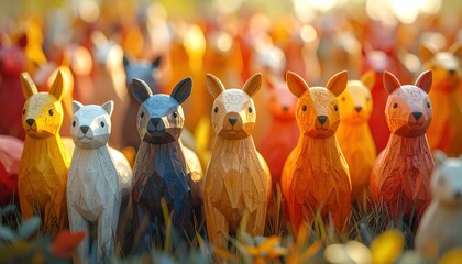 Fototapeta premium Many wooden llama sculptures, each painted a different color, standing in grass