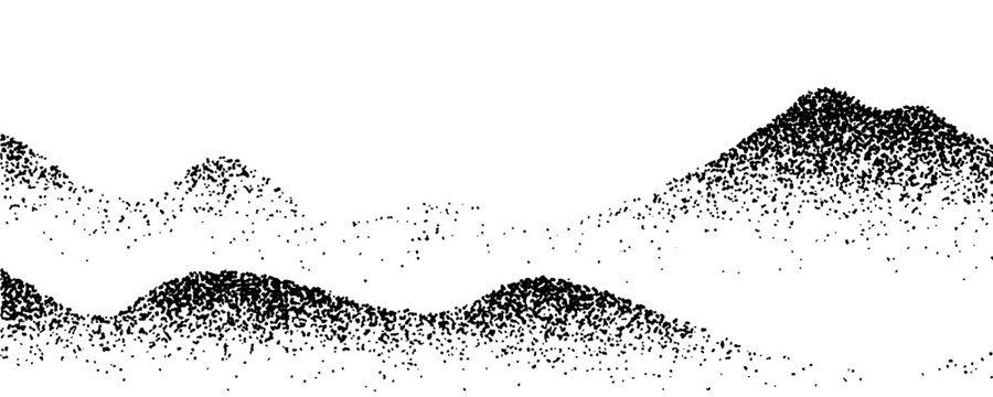 Dotwork mountain pattern vector background. Black noise stipple dots. Sand grain effect. Dots grunge banner. Abstract noise dotwork pattern.