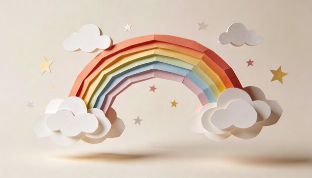 Displaying handcut stacked paper rainbow with clouds and gold stars on pale table, beige backdrop