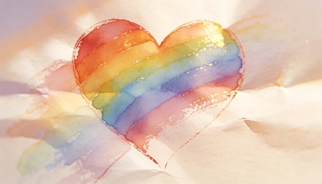 Displaying handpainted rainbow heart on crumpled paper on table under warm light with gold accents