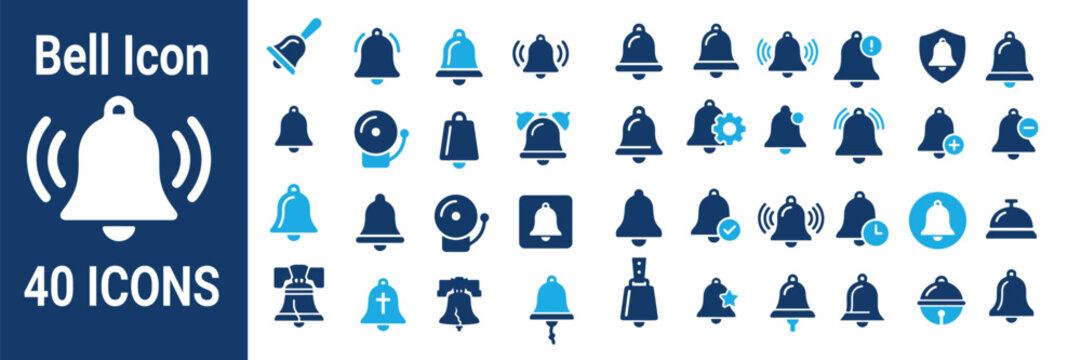 Collection of notification bell icons for alert systems, reminder symbols, cad drawing flat vector illustration, alarm signals, sound notification buttons, and interface warning elements.