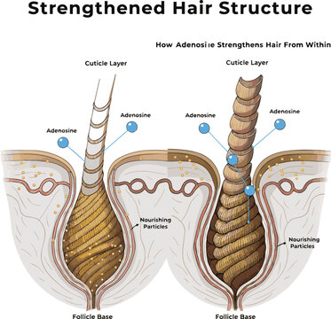 Generate a realistic Hair strengthened by adenosine and nourishing particles in 3D cross-section vector art with white background...
