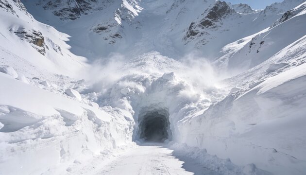 Revealing centered carved tunnel opening in high-alpine pass, loose snow plume and tire tracks