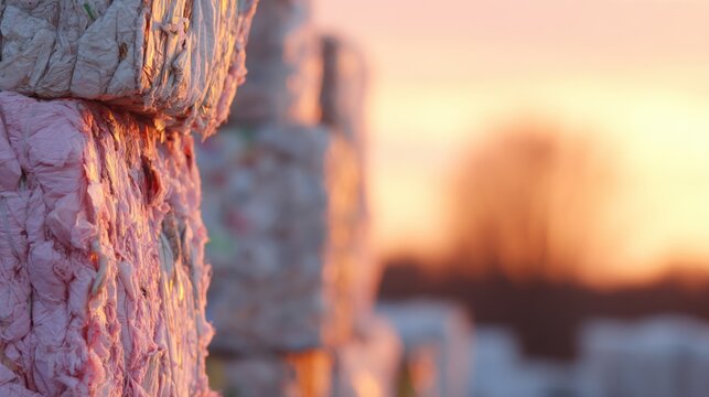 Bales of recycled paper stacked at sunset near a processing facility in autumn