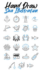 Obraz premium Hand drawn sea life doodle icon set. Marine animals, nautical elements, and ocean exploration. Vector illustration in line art style with blue accents for summer design