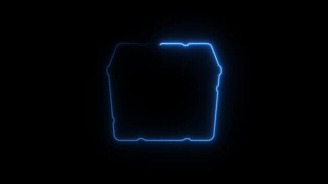 Blue Neon Outline of a Square Container with Rounded Corners on Black Background cube digital