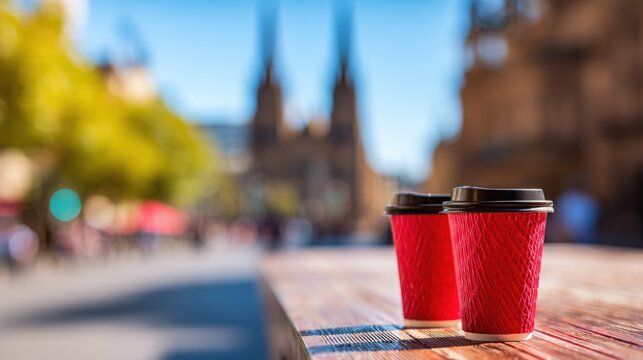 Two red coffee cups placed outdoors in a busy city square near a church
