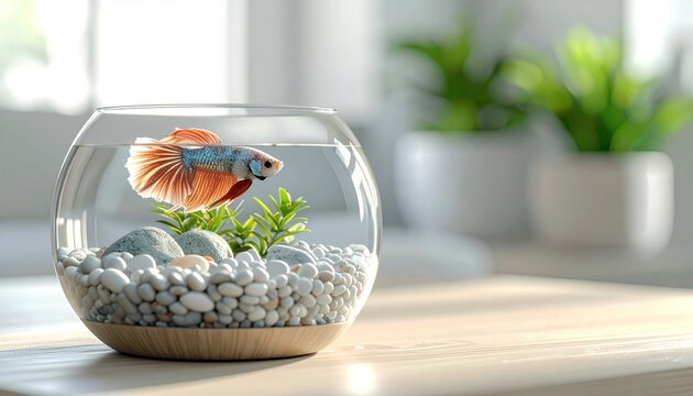 Vibrant betta fish swims in a decorative glass bowl on a wooden table