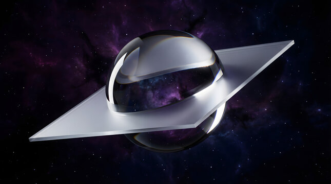 Abstract 3D Glass Sphere with Refractive Plane Floating in Dark Purple Nebula Galaxy Space