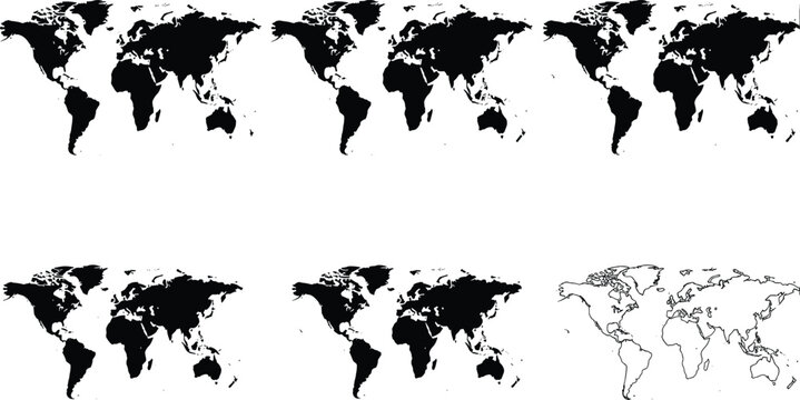 Detailed World Map Silhouette and Outline Icon Set for Global Business Logistics International Travel Geography Education and Earth Science Infographic Presentation Designs