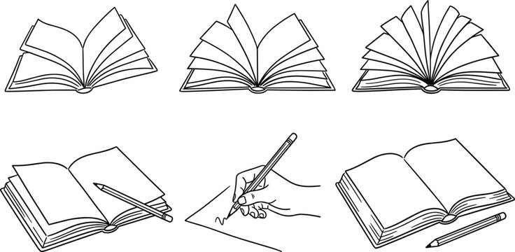 Versatile Collection of Open Book Icons and Hand Writing Illustrations for Education Literature Study Journaling Creative Writing and Academic Learning Vector Graphic Elements