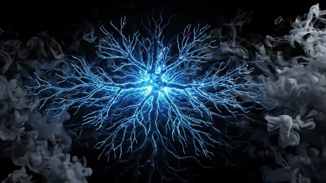 abstract glowing neural network or tree structure, electric blue branches with particles on black background, surrounded by swirling grey smoke, science, technology, energy