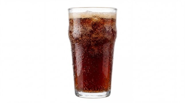 A cold refreshing glass of dark brown carbonated soda drink captured in a photo on white background