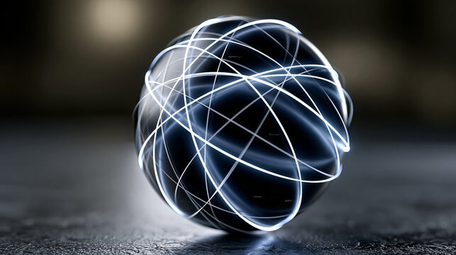 A minimalist studio visualization shows intersecting satellite orbital paths as glowing white arcs on a matte black sphere, clean typographic mission labels floating beside each trajectory without o