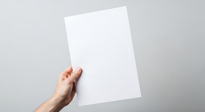 Hand holding blank white paper sheet for mockup against gray background