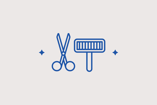 Pet grooming scissors and brush line icon for coat maintenance and fur care. Detailed vector illustration for professional grooming salons and home pet care tips.