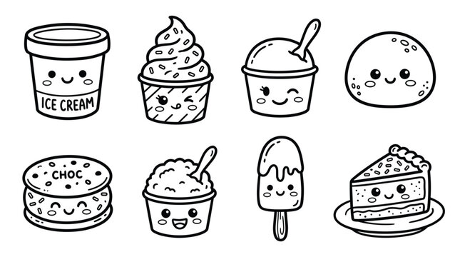 
Cute Kawaii Ice Cream and Frozen Dessert Doodle Set with Happy Faces, Hand Drawn Bold Outline Vector Icons for Sweet Shop and Packaging
