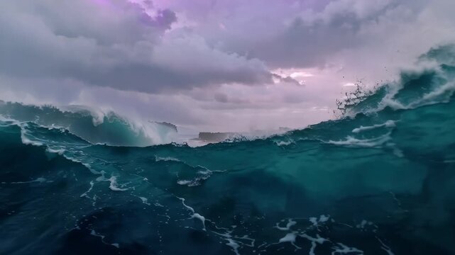 Mighty ocean waves parting to reveal a path through deep water. Dramatic biblical scene showing the miracle of the Red Sea crossing in extreme weather.