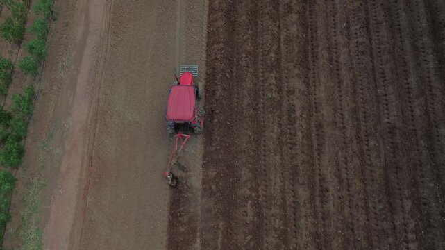 High-angle aerial view of a red tractor plowing a large agricultural field, creating deep furrows in the dark brown soil next to a row of green trees under soft daylight in a rural countryside.